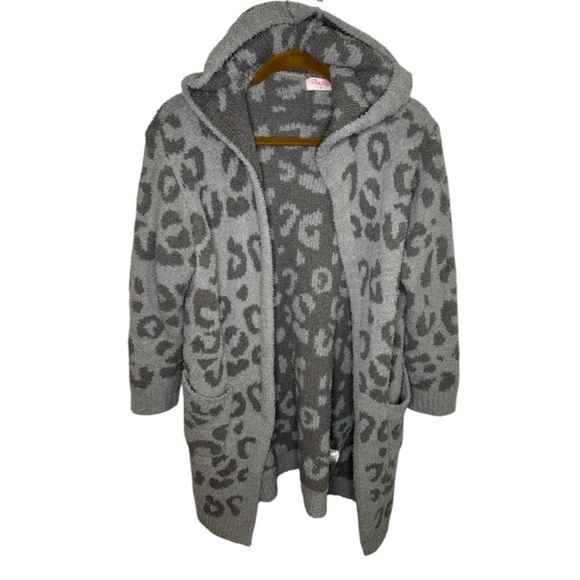 Pink Lily Gray Leopard Print Soft Hooded Cardigan - Picture 1 of 6